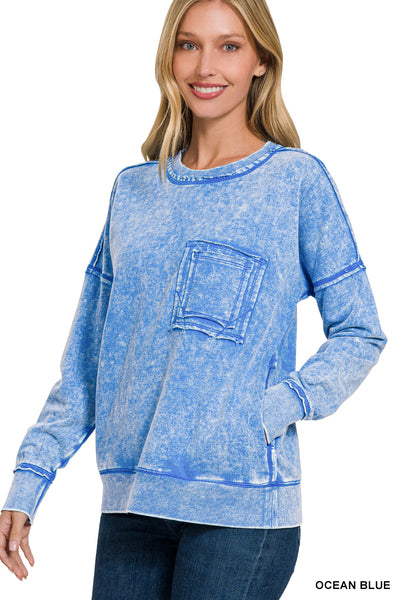 Ocean Blue Acid Wash Pocket Sweatshirt